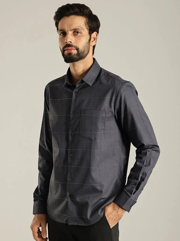 Indian Terrain Men's Slim Fit Full Sleeve Checkered Dark Grey Shirt